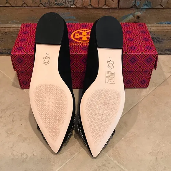 Tory Burch Esme Flat Black Suede Leather Crystal Diamond Bejeweled Shoes Size 7