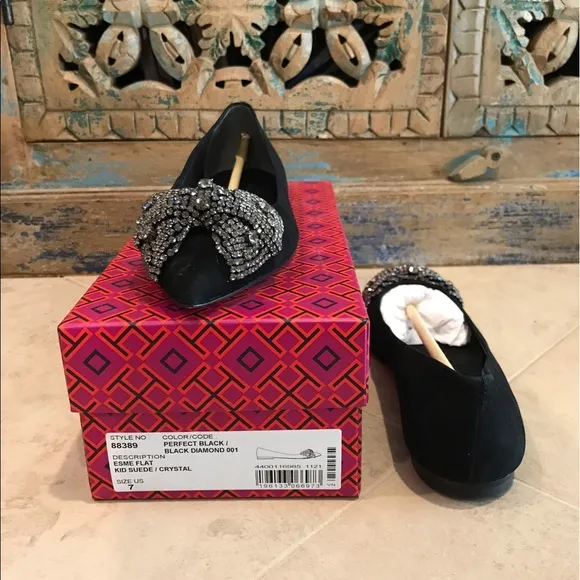 Tory Burch Esme Flat Black Suede Leather Crystal Diamond Bejeweled Shoes Size 7
