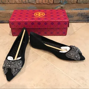 Tory Burch Esme Flat Black Suede Leather Crystal Diamond Bejeweled Shoes Size 7