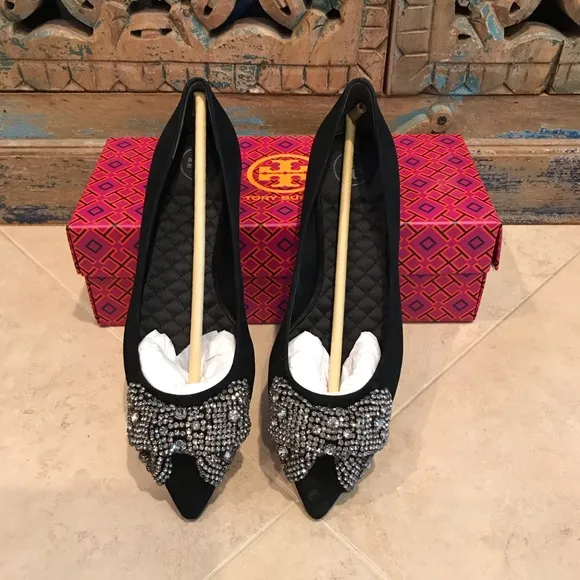 Tory Burch Esme Flat Black Suede Leather Crystal Diamond Bejeweled Shoes Size 7