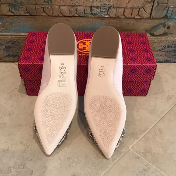 Tory Burch Esme Flat Pink Seashell Suede Crystal Bejeweled Shoes Size 7 NIB