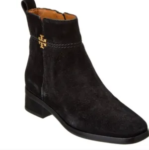 Tory Burch Everly Flat Black Logo Suede Ankle Boots... Size 9.5