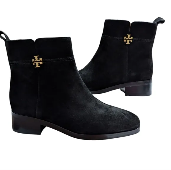 Tory Burch Everly Flat Black Logo Suede Ankle Boots... Size 9.5