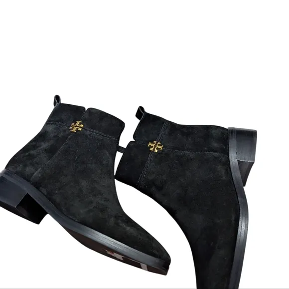 Tory Burch Everly Flat Black Logo Suede Ankle Boots... Size 9.5