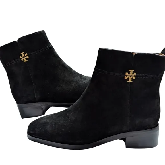 Tory Burch Everly Flat Black Logo Suede Ankle Boots... Size 9.5
