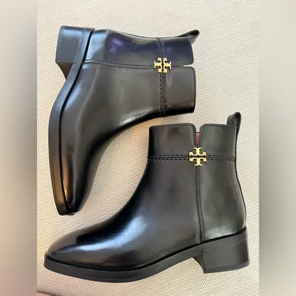 TORY BURCH EVERLY FLAT BOOTS ETRUSCO CALF LEATHER IN PERFECT BLACK SIZE 5