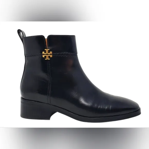 TORY BURCH EVERLY FLAT BOOTS ETRUSCO CALF LEATHER IN PERFECT BLACK