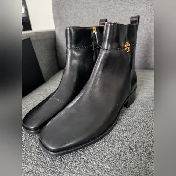 TORY BURCH EVERLY FLAT BOOTS ETRUSCO CALF LEATHER IN PERFECT BLACK