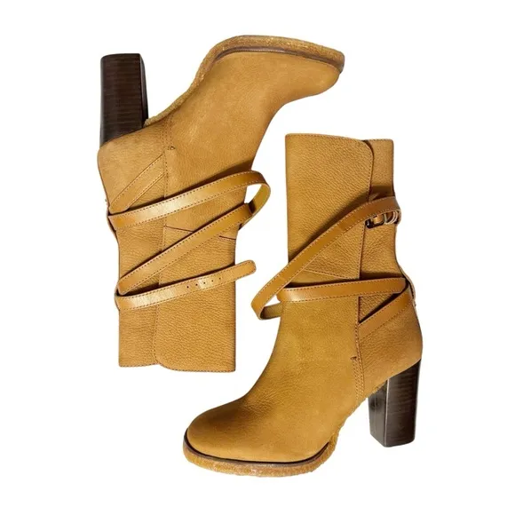 Tory Burch Jamie Camel Tan Suede Leather Wood Heeled Wrap Mid Calf Boot Size 8.5