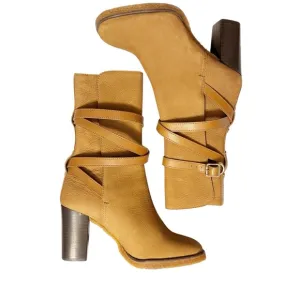 Tory Burch Jamie Camel Tan Suede Leather Wood Heeled Wrap Mid Calf Boot Size 8.5