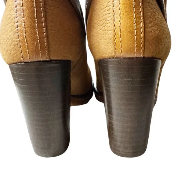 Tory Burch Jamie Camel Tan Suede Leather Wood Heeled Wrap Mid Calf Boot Size 8.5