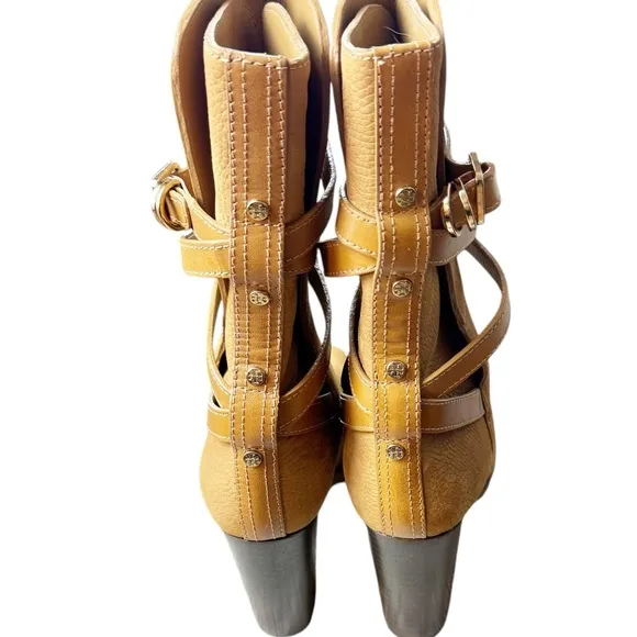 Tory Burch Jamie Camel Tan Suede Leather Wood Heeled Wrap Mid Calf Boot Size 8.5