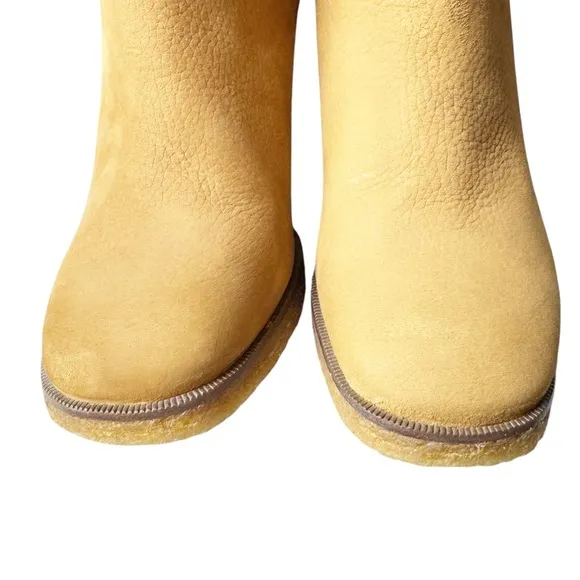 Tory Burch Jamie Camel Tan Suede Leather Wood Heeled Wrap Mid Calf Boot Size 8.5