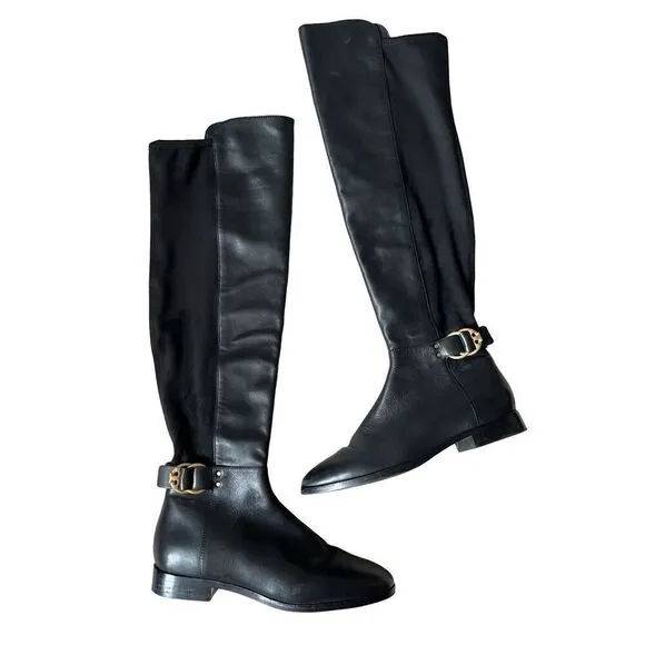 Tory Burch MARSDEN Stretch Riding Boots Flat Equestrian Boots 8.5 Over Knee Blac
