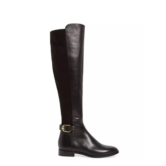 Tory Burch MARSDEN Stretch Riding Boots Flat Equestrian Boots 8.5 Over Knee Blac