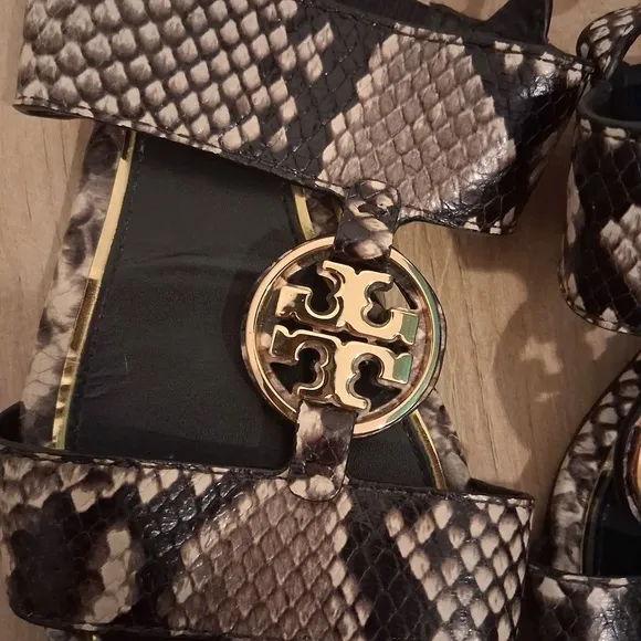 Tory Burch Metal Miller Two Band Sandal Snakeskin Print Gold T US 7.5