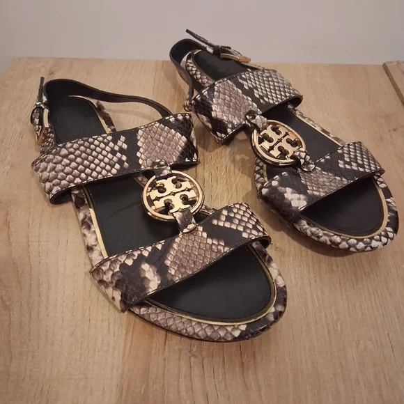 Tory Burch Metal Miller Two Band Sandal Snakeskin Print Gold T US 7.5