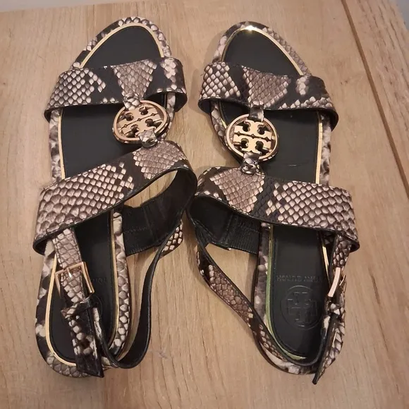 Tory Burch Metal Miller Two Band Sandal Snakeskin Print Gold T US 7.5