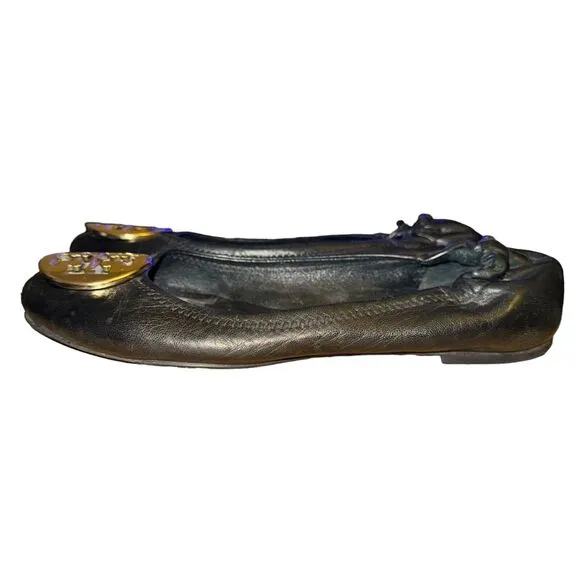 Tory Burch Minnie Travel Ballet Flat Women's Size 7 M Black Leather Slip On Shoe