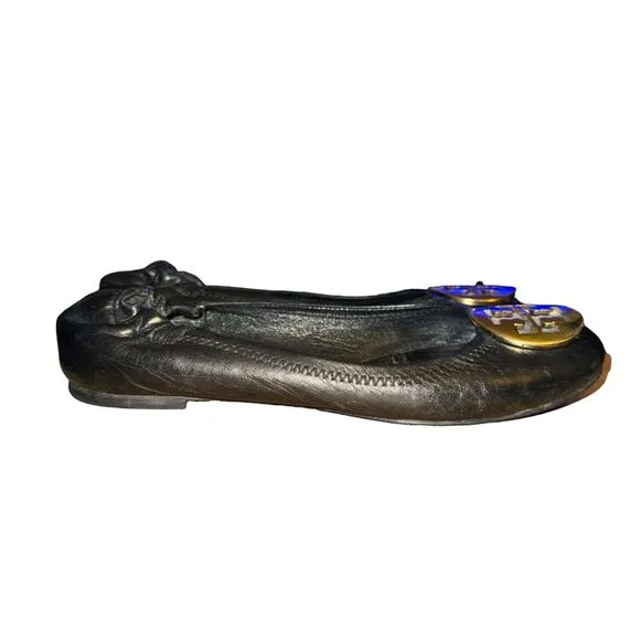 Tory Burch Minnie Travel Ballet Flat Women's Size 7 M Black Leather Slip On Shoe