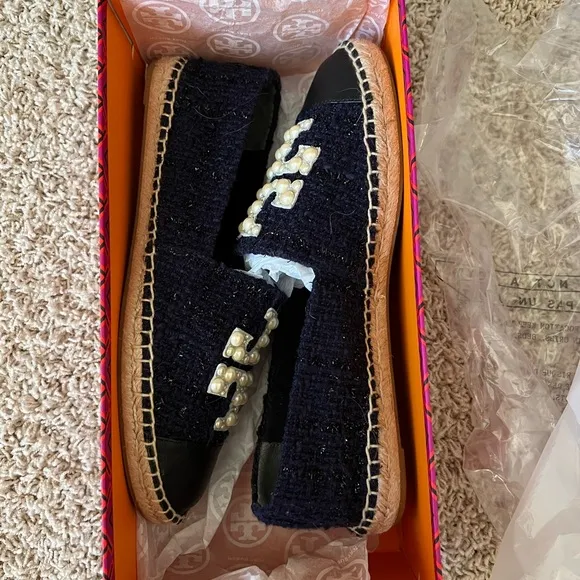 Tory Burch Pearl Logo Flat Espadrille Navy  Black Perfect Black size 8.5