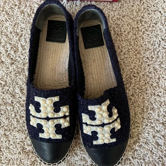 Tory Burch Pearl Logo Flat Espadrille Navy  Black Perfect Black size 8.5