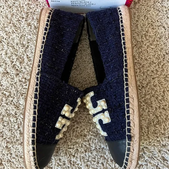 Tory Burch Pearl Logo Flat Espadrille Navy  Black Perfect Black size 8.5