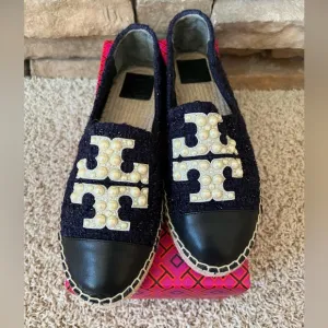 Tory Burch Pearl Logo Flat Espadrille Navy  Black Perfect Black size 8.5