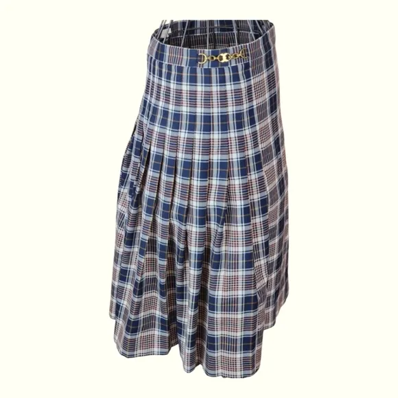 Tory Burch Plaid A-Line Skirt Size 14 Gold Chain Logo Preppy Academia Fall