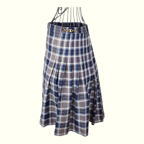 Tory Burch Plaid A-Line Skirt Size 14 Gold Chain Logo Preppy Academia Fall