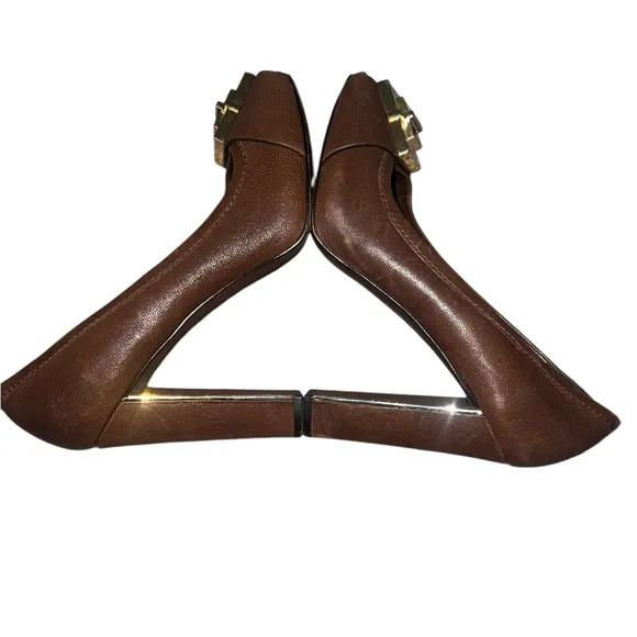 {Tory Burch Quentin Landed Capra Peep Toe Leather Heels Fig Brown Size 8.5}