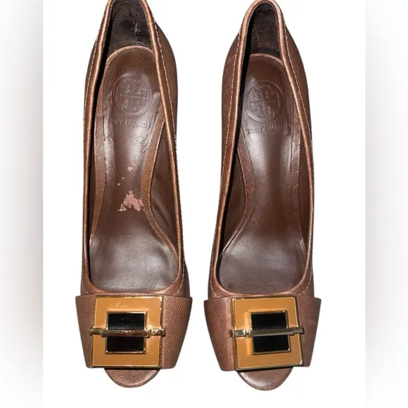 {Tory Burch Quentin Landed Capra Peep Toe Leather Heels Fig Brown Size 8.5}