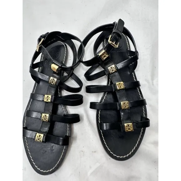 Tory Burch Sandal Women 6.5 M Leather Gladiator Bow Flat Ankle Strap Party Core