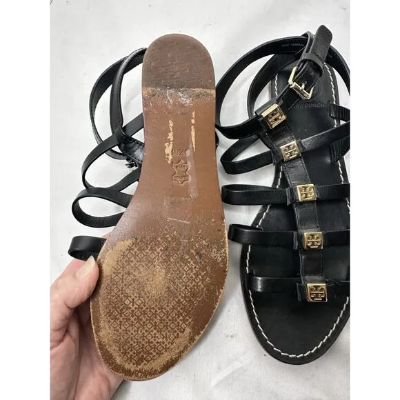 Tory Burch Sandal Women 6.5 M Leather Gladiator Bow Flat Ankle Strap Party Core