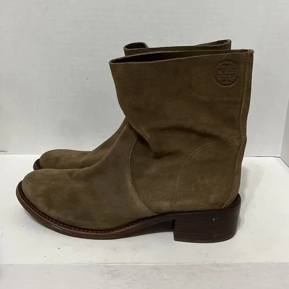 Tory Burch Sienna River Rock Embossed Logo Suede Leather Ankle Boots 7.5M
