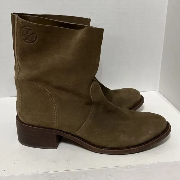 Tory Burch Sienna River Rock Embossed Logo Suede Leather Ankle Boots 7.5M
