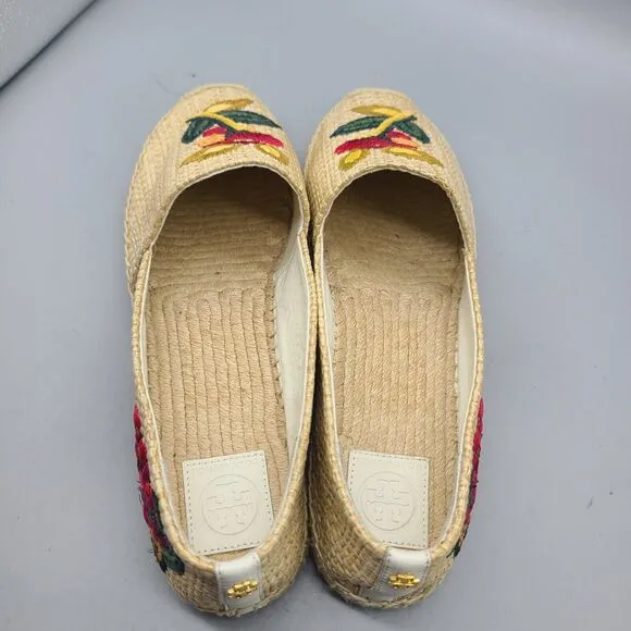 Tory Burch Sz 10 Women Raffia Flat Espadrilles Shoes Straw Natural Flower New