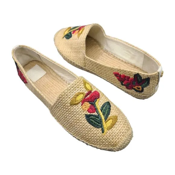 Tory Burch Sz 10 Women Raffia Flat Espadrilles Shoes Straw Natural Flower New