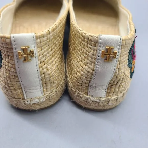 Tory Burch Sz 10 Women Raffia Flat Espadrilles Shoes Straw Natural Flower New