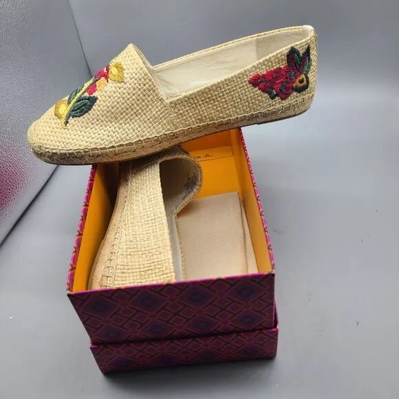Tory Burch Sz 10 Women Raffia Flat Espadrilles Shoes Straw Natural Flower New