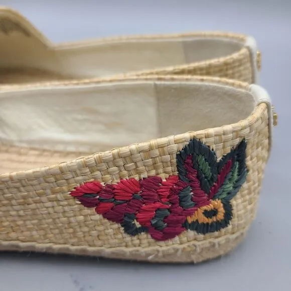 Tory Burch Sz 10 Women Raffia Flat Espadrilles Shoes Straw Natural Flower New