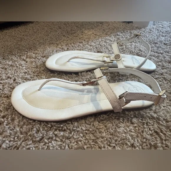 TORY BURCH THONG FLAT SHOES SUMMER SANDAL LEATHER WHITE 9