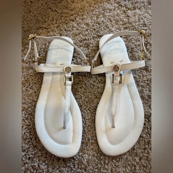 TORY BURCH THONG FLAT SHOES SUMMER SANDAL LEATHER WHITE 9