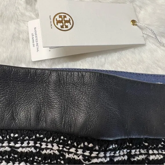 Tory Burch Tweed Raffia Fringe Stripe Skirt Leather Trim Black/White Size 6, NWT