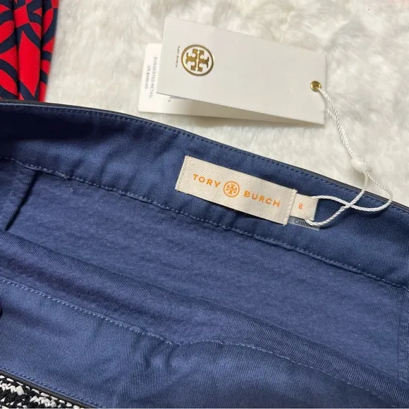 Tory Burch Tweed Raffia Fringe Stripe Skirt Leather Trim Black/White Size 6, NWT
