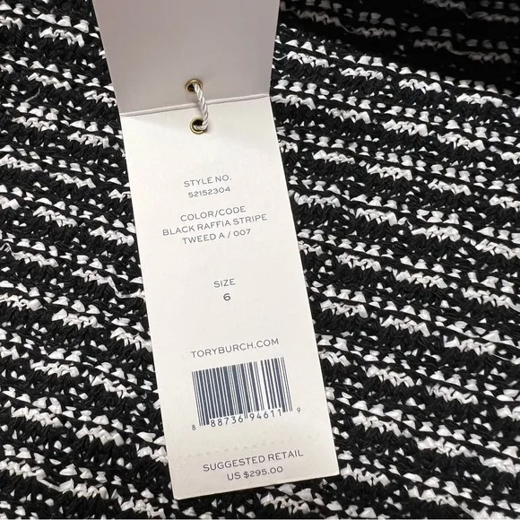 Tory Burch Tweed Raffia Fringe Stripe Skirt Leather Trim Black/White Size 6, NWT
