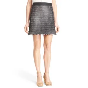 Tory Burch Tweed Raffia Fringe Stripe Skirt Leather Trim Black/White Size 6, NWT