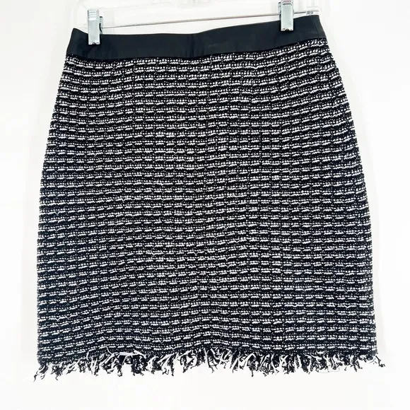 Tory Burch Tweed Raffia Fringe Stripe Skirt Leather Trim Black/White Size 6, NWT