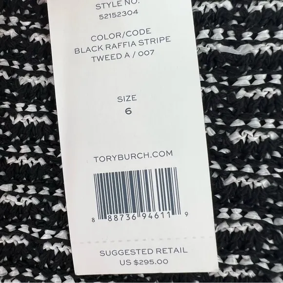 Tory Burch Tweed Raffia Fringe Stripe Skirt Leather Trim Black/White Size 6, NWT