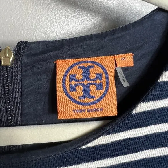 Tory Burch Women's Short Sleeve Navy Striped Knit Dress Nautical Preppy Size XL